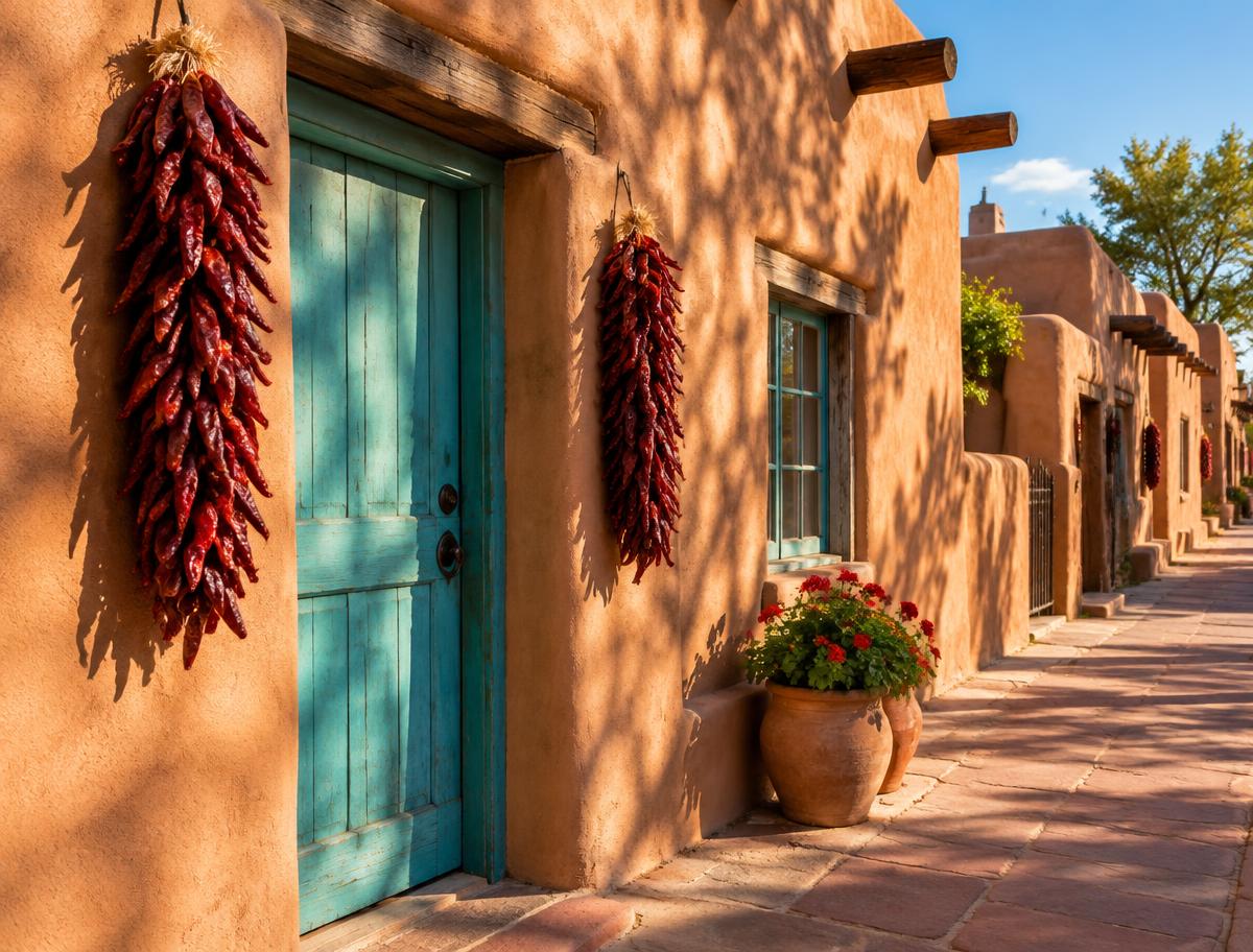 Adobe street with a turquoise door and red chile ristras