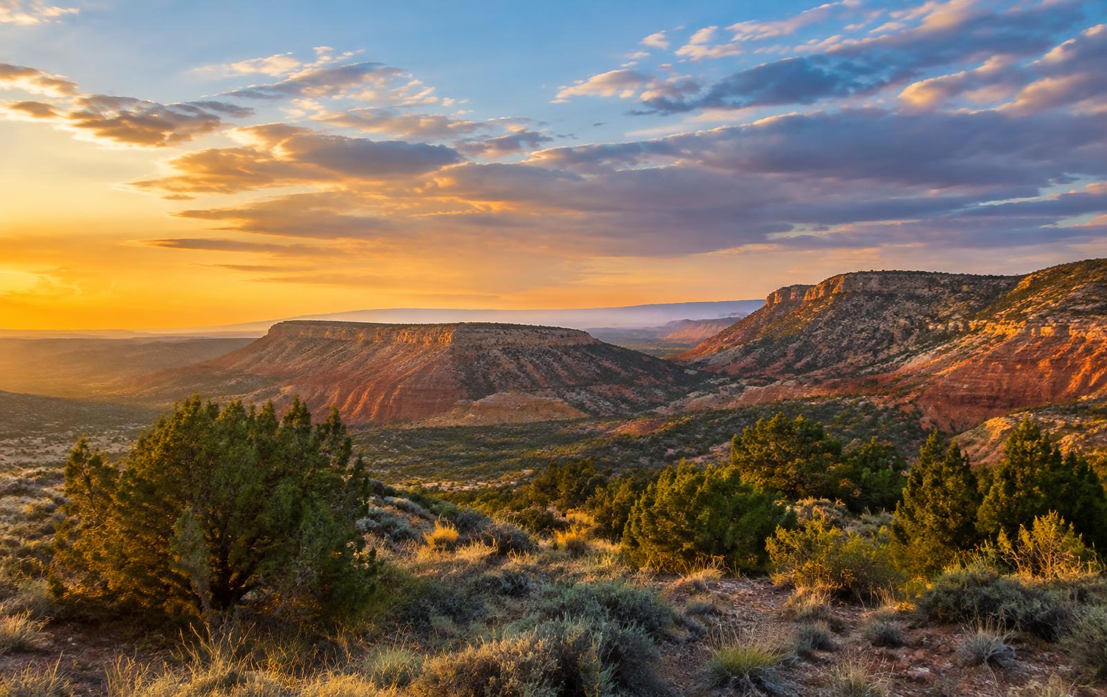 New Mexico high-desert mesas at golden hour