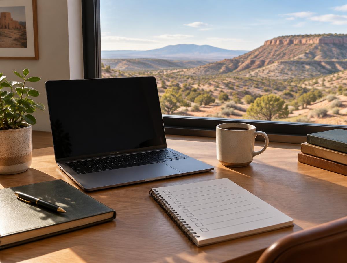 Desk with a checklist overlooking New Mexico desert hills