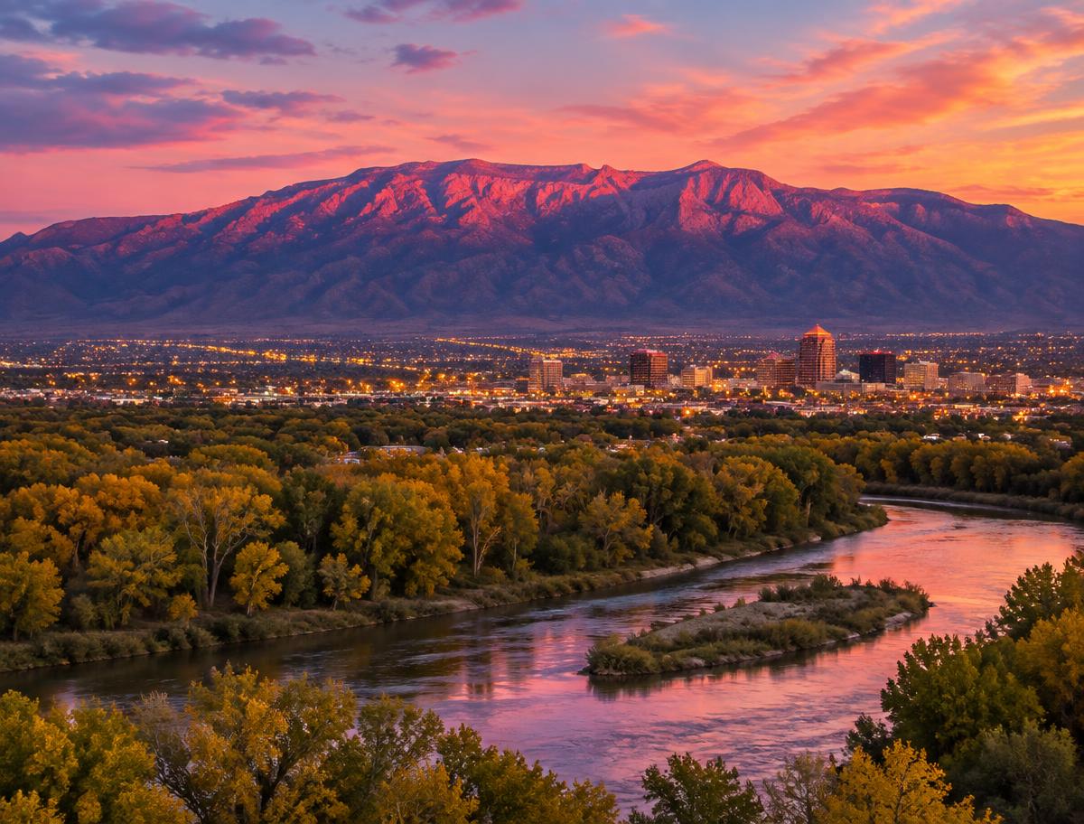 Sandia Mountains above Albuquerque and the Rio Grande at sunset